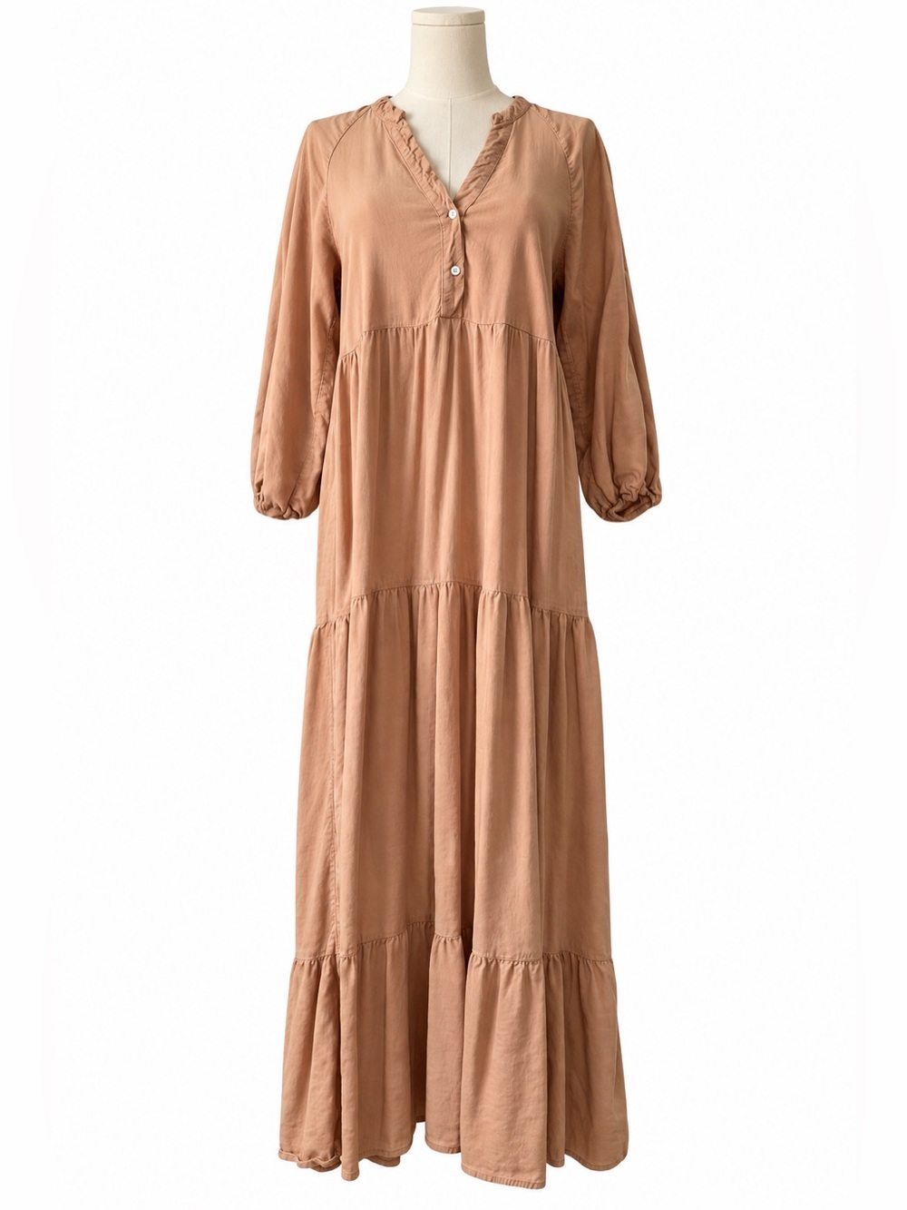 ZARA Linen Blend Basic Minimalist Size S Neutral Tiered Midi Dress puff sleeve